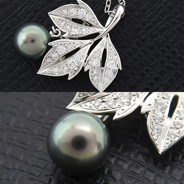 ミキモト ネックレス レディース リーフデザイン パール ダイヤ ペンダント D0.29ct 8.6mm珠 ホワイトゴールド MIKIMOTO K18WG 中古