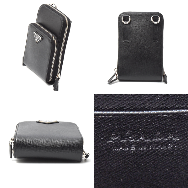 プラダ バッグ メンズ レディース  スマホショルダー ショルダーバッグ フォンショルダー 2WAY サフィアーノ ブラック 2ZH126 PRADA 中古