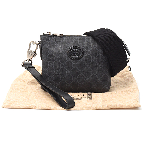 グッチ バッグ メンズ  レディース GGスプリーム インターロッキングG ショルダーバッグ ブラック 723306 GUCCI 中古