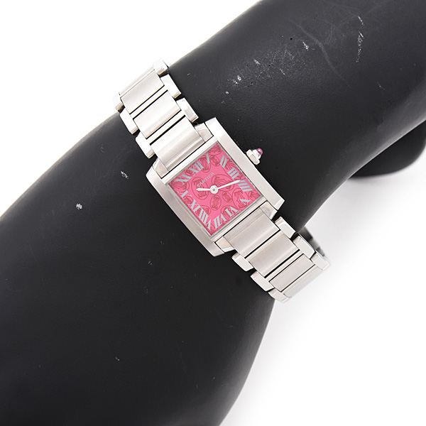 カルティエ 時計 レディース タンクフランセーズSM 2006年クリスマス限定 ラズベリーピンク文字盤 電池式 ステンレス SS Cartier W51030Q3 中古