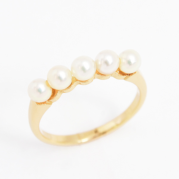 ミキモト 指輪 レディース 5P ベビーパール リング 3.5mm珠 実測11号 真珠 イエローゴールド MIKIMOTO K18YG 中古