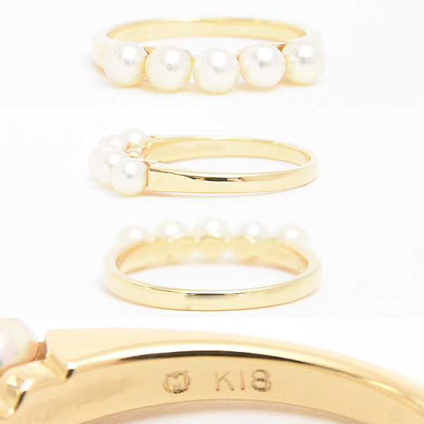 ミキモト 指輪 レディース 5P ベビーパール リング 3.5mm珠 実測11号 真珠 イエローゴールド MIKIMOTO K18YG 中古