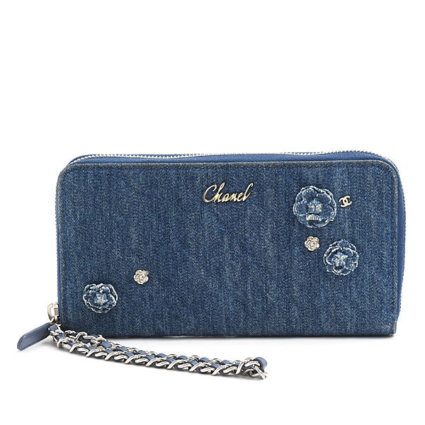 シャネル 財布 レディース カメリア チェーンハンドル ラウンドファスナー長財布 デニム ブルー CHANEL 中古