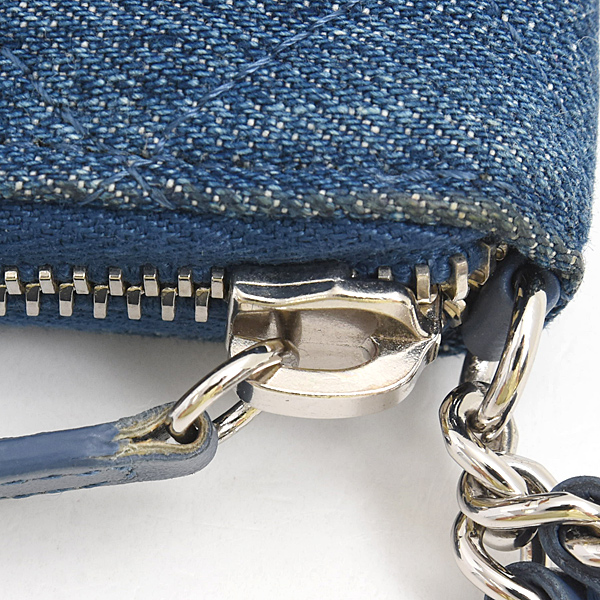 シャネル 財布 レディース カメリア チェーンハンドル ラウンドファスナー長財布 デニム ブルー CHANEL 中古
