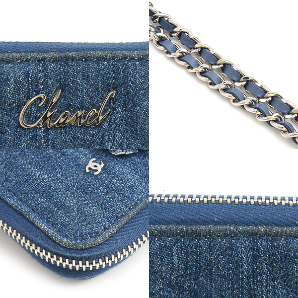 シャネル 財布 レディース カメリア チェーンハンドル ラウンドファスナー長財布 デニム ブルー CHANEL 中古