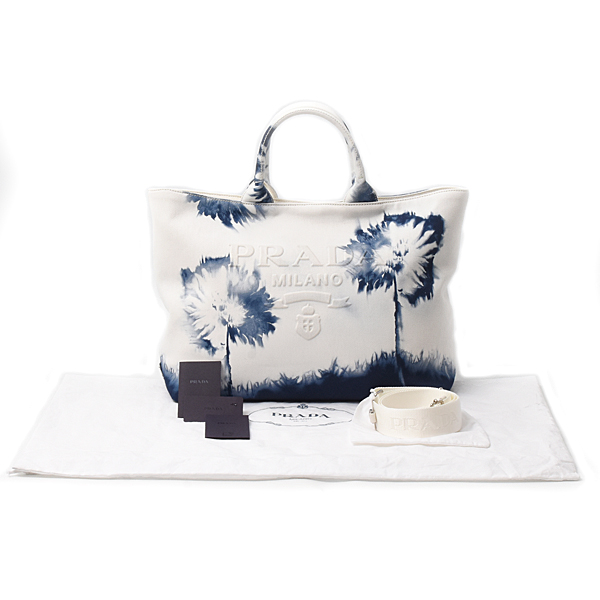 プラダ バッグ レディース ロゴ入り トートバッグ ショルダーバッグ 2WAY キャンバス ホワイト ブルー PRADA 1BG395 中古