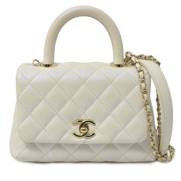 シャネル バッグ レディース マトラッセ トップハンドル チェーンショルダーバッグ キャビアスキン パールホワイト系 CHANEL 中古