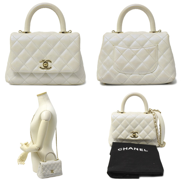 シャネル バッグ レディース マトラッセ トップハンドル チェーンショルダーバッグ キャビアスキン パールホワイト系 CHANEL 中古