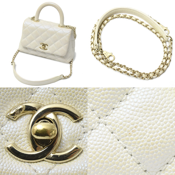 シャネル バッグ レディース マトラッセ トップハンドル チェーンショルダーバッグ キャビアスキン パールホワイト系 CHANEL 中古