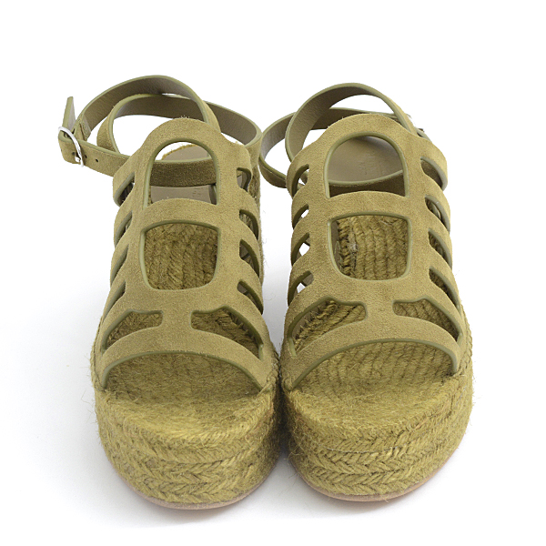 希少品 エルメス ローマ ウェッジソールサンダル エスパドリーユ 23cm エルメス ローマ レザー×ファブリック ウェッジソールサンダル