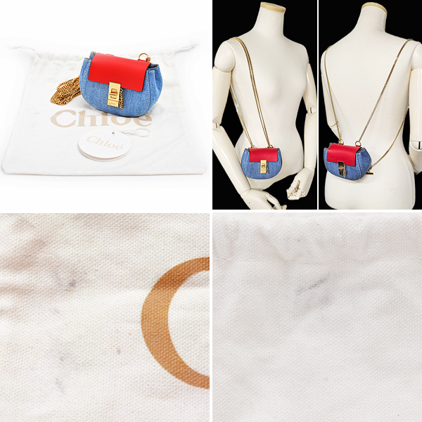 クロエ バッグ レディース ドリュー ミニ クロスボディ バッグ デニム×カーフ レッド リュック 肩掛け 2WAY Chloe CHC21SP100E27664 中古