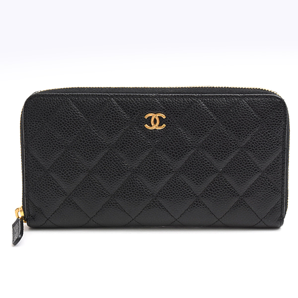 シャネル 財布 レディース マトラッセ ラウンドファスナー長財布 キャビアスキン ココマーク ロングウォレット ブラック 黒 CHANEL 中古