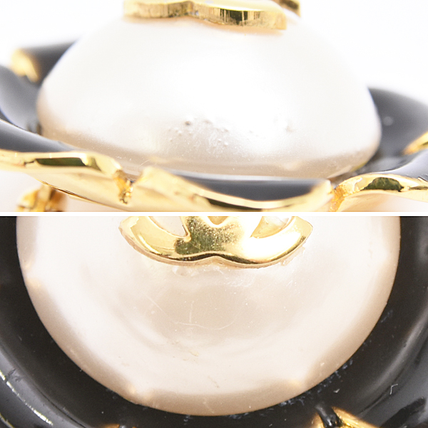 シャネル ブローチ レディース ココマーク フラワー イミテーションパール ブラック ゴールドカラー 花 フェイクパール CHANEL 24 GP 中古