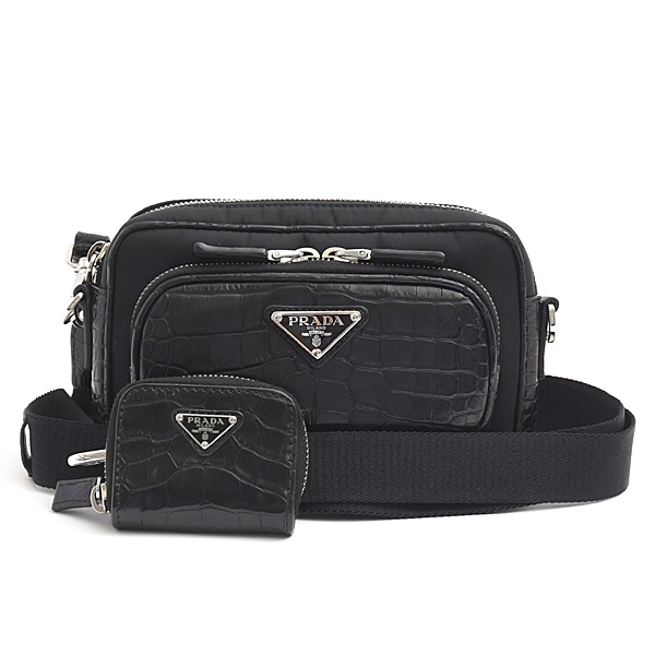 プラダ バッグ メンズ レディース Re-Nylon クロコ型押し トライアングルロゴ ショルダーバッグ ブラック ナイロン PRADA 2VH172 中古