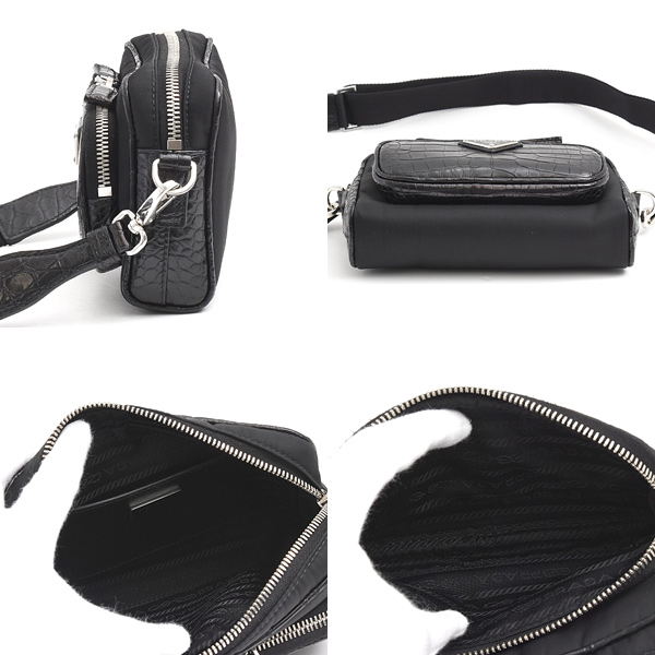 プラダ バッグ メンズ レディース Re-Nylon クロコ型押し トライアングルロゴ ショルダーバッグ ブラック ナイロン PRADA 2VH172 中古