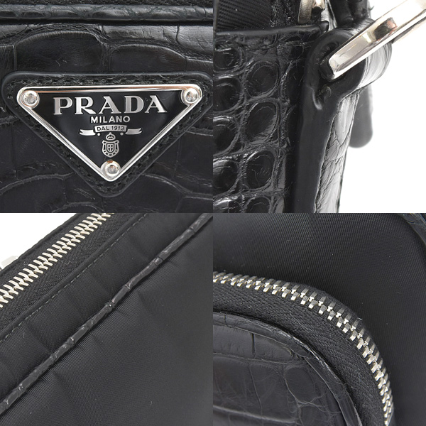 プラダ バッグ メンズ レディース Re-Nylon クロコ型押し トライアングルロゴ ショルダーバッグ ブラック ナイロン PRADA 2VH172 中古
