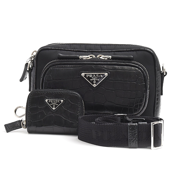 プラダ バッグ メンズ レディース Re-Nylon クロコ型押し トライアングルロゴ ショルダーバッグ ブラック ナイロン PRADA 2VH172 中古