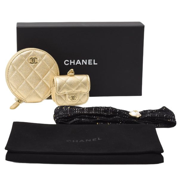 シャネル 財布 レディース コインケース AirPodsケース 2024イヤーズギフト バッグチャーム マトラッセ ゴールド ラムスキン CHANEL 未使用展示品