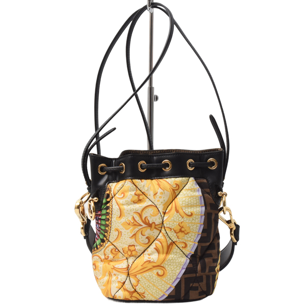 フェンディ バッグ レディース メンズ モントレゾール フェンダーチェ 2WAY 巾着 ショルダーバッグ レザー×キャンバス ブラウン FENDI 8BS010 中古