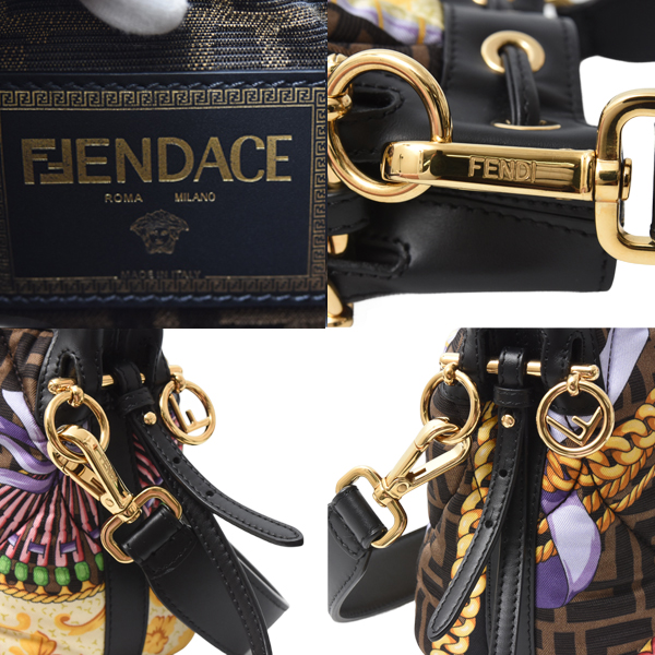 フェンディ バッグ レディース メンズ モントレゾール フェンダーチェ 2WAY 巾着 ショルダーバッグ レザー×キャンバス ブラウン FENDI 8BS010 中古