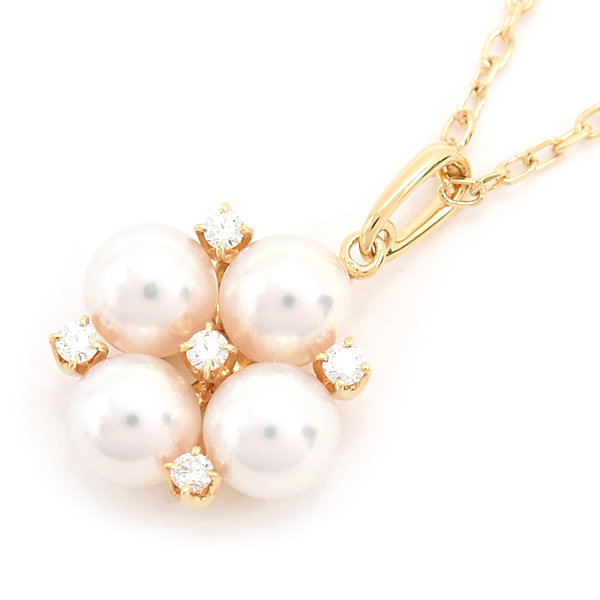 ミキモト ネックレス レディース 4Pパール ダイヤ ペンダント 5.0mm～5.1mm珠 イエローゴールド MIKIMOTO K18 中古