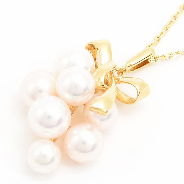 ミキモト ネックレス レディース リボン 葡萄モチーフ パールネックレス 4.9mm～6.0mm珠 イエローゴールド MIKIMOTO K18 中古