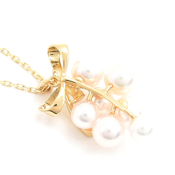 ミキモト ネックレス レディース リボン 葡萄モチーフ パールネックレス 4.9mm～6.0mm珠 イエローゴールド MIKIMOTO K18 中古