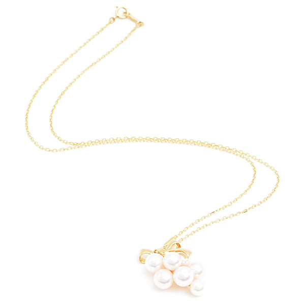 ミキモト ネックレス レディース リボン 葡萄モチーフ パールネックレス 4.9mm～6.0mm珠 イエローゴールド MIKIMOTO K18 中古