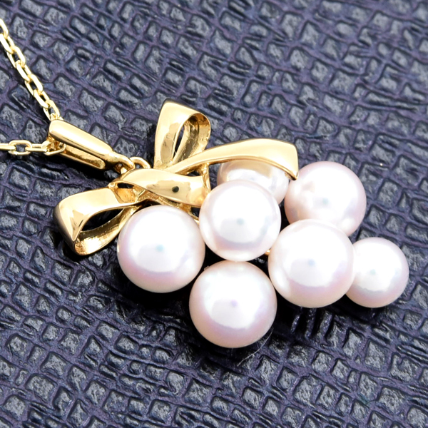 ミキモト ネックレス レディース リボン 葡萄モチーフ パールネックレス 4.9mm～6.0mm珠 イエローゴールド MIKIMOTO K18 中古