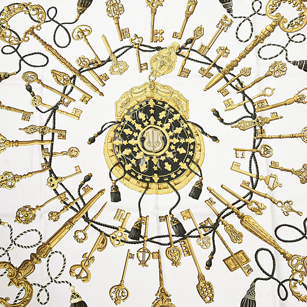 エルメス スカーフ レディース カレ90 LES CLES THE KEYS RARE 鍵柄 大判 シルク ホワイト×ブラック HERMES 中古