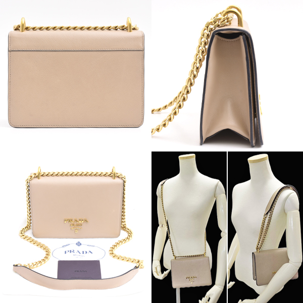 プラダ バッグ レディース チェーン ショルダー サフィアーノレザー カーフ ピンクベージュ 斜め掛け 肩掛け PRADA 1BD133 中古