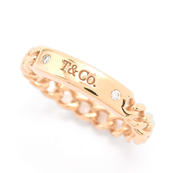 ティファニー 指輪 レディース マイクロリンク リング ロゴプレート 2Pダイヤ 9号強 ピンクゴールド チェーン 鎖 TIFFANY 750PG 中古