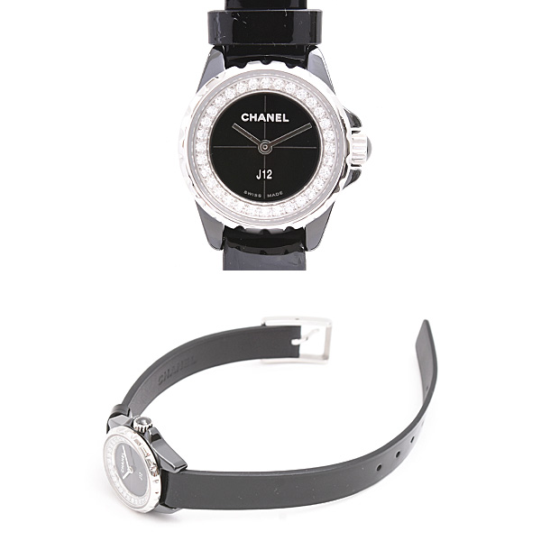 シャネル 時計 レディース J12 XS ダイヤモンド 電池式 ブラック文字盤 セラミック CHANEL H4663 中古