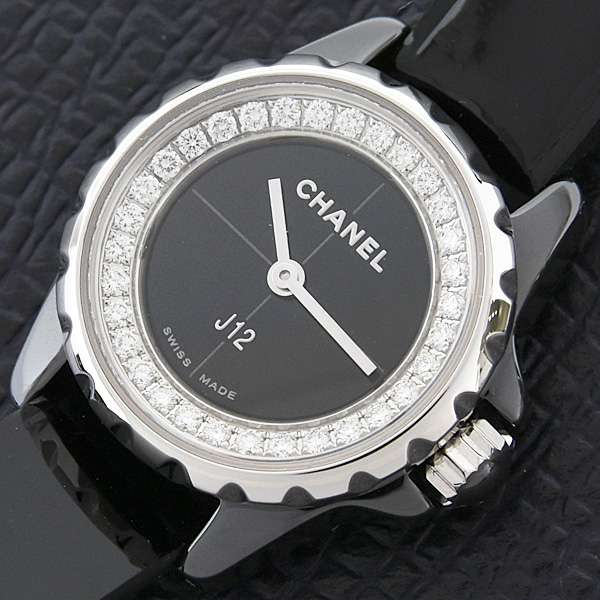 シャネル 時計 レディース J12 XS ダイヤモンド 電池式 ブラック文字盤 セラミック CHANEL H4663 中古