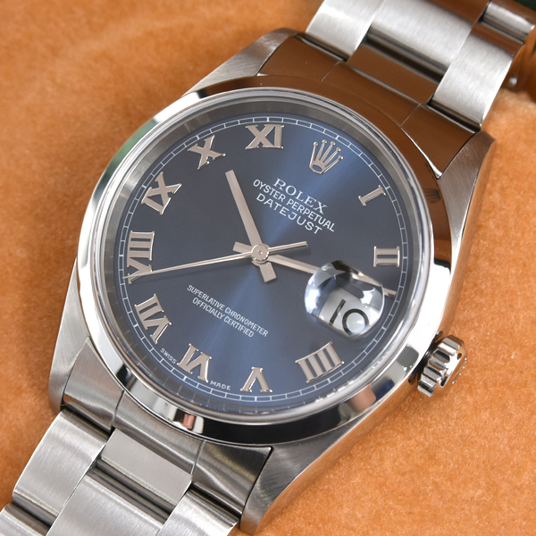ロレックス 時計 メンズ デイトジャスト ブルー文字盤 ローマ数字 自動巻 A番 ステンレス ROLEX 16200 SS 中古