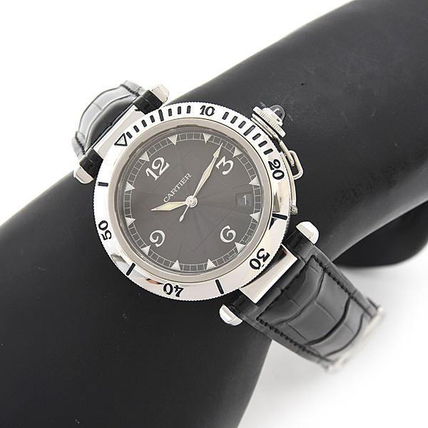 カルティエ 時計 メンズ パシャ グリッド 38mm 裏スケ 自動巻 ブラック文字盤 ステンレス プラチナ Cartier W3105255 中古