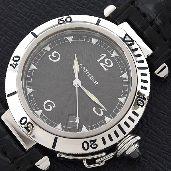 カルティエ 時計 メンズ パシャ グリッド 38mm 裏スケ 自動巻 ブラック文字盤 ステンレス プラチナ Cartier W3105255 中古