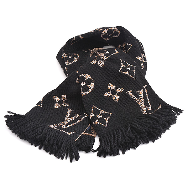 ルイヴィトン マフラー レディース ジャイアントモノグラム エシャルプ ジャングル ブラック レオパード ウール Louis Vuitton M75885 中古