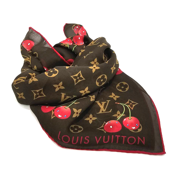 ルイヴィトン スカーフ レディース カレ55 LV×TM モノグラム チェリー ブラウン シルク55% コットン45% Louis Vuitton M96090 中古