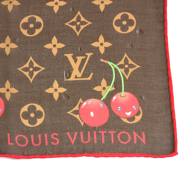 ルイヴィトン スカーフ レディース カレ55 LV×TM モノグラム チェリー ブラウン シルク55% コットン45% Louis Vuitton M96090 中古