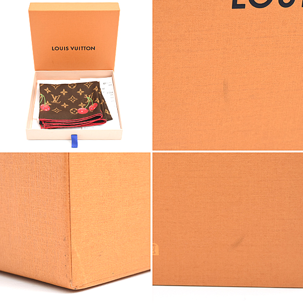 ルイヴィトン スカーフ レディース カレ55 LV×TM モノグラム チェリー ブラウン シルク55% コットン45% Louis Vuitton M96090 中古