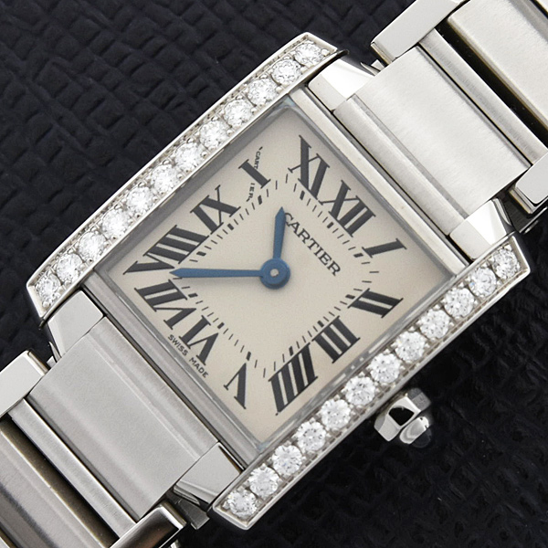 カルティエ 時計 レディース タンクフランセーズSM 純正ダイヤ 電池式 アイボリー文字盤 SS Cartier W4TA0008 中古