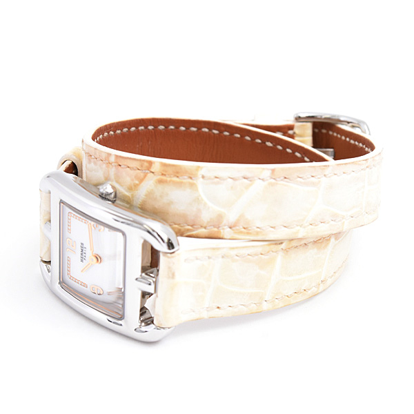 エルメス 腕時計 レディース ケープコッド ドゥブルトゥール ダイヤ ホワイト文字盤 電池式 SS アリゲーター HERMES CC1.312 中古