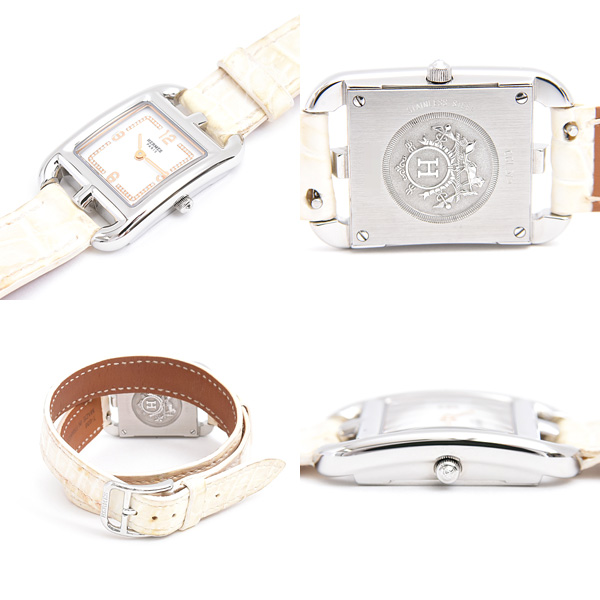 エルメス 腕時計 レディース ケープコッド ドゥブルトゥール ダイヤ ホワイト文字盤 電池式 SS アリゲーター HERMES CC1.312 中古