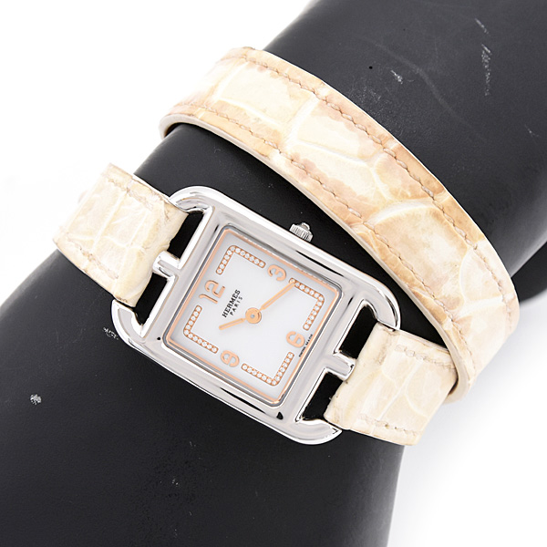 エルメス 腕時計 レディース ケープコッド ドゥブルトゥール ダイヤ ホワイト文字盤 電池式 SS アリゲーター HERMES CC1.312 中古