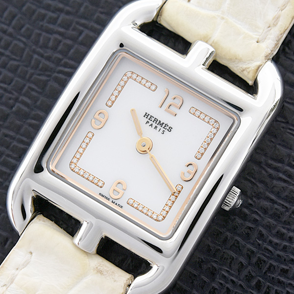 エルメス 腕時計 レディース ケープコッド ドゥブルトゥール ダイヤ ホワイト文字盤 電池式 SS アリゲーター HERMES CC1.312 中古