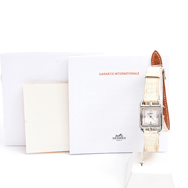 エルメス 腕時計 レディース ケープコッド ドゥブルトゥール ダイヤ ホワイト文字盤 電池式 SS アリゲーター HERMES CC1.312 中古