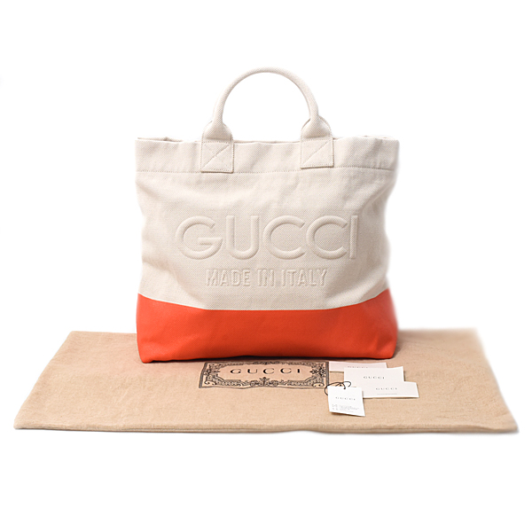 グッチ バッグ メンズ レディース エンボス ハンドバッグ トートバッグ 2WAY キャンバス ホワイト オレンジ系 782741 GUCCI 中古