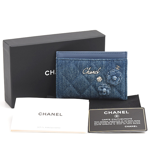 シャネル カードケース レディース カメリア パスケース デニム ブルー CHANEL 中古