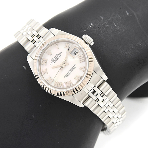 ロレックス 時計 レディース デイトジャスト 自動巻 D番 ホワイトシェル文字盤 ローマン SS×WG ROLEX 79174NR 中古
